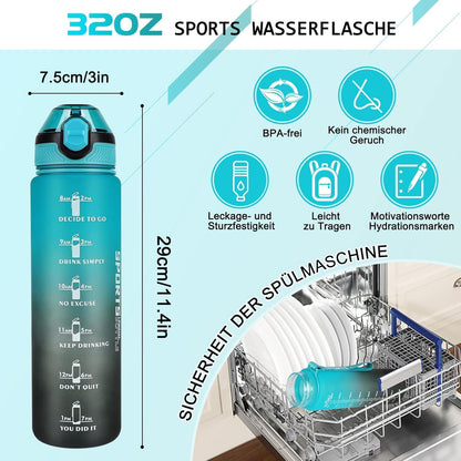 Sport Trinkflasche 1L BPA-frei mit Stroh Zeitmarkierungen Auslaufsicher