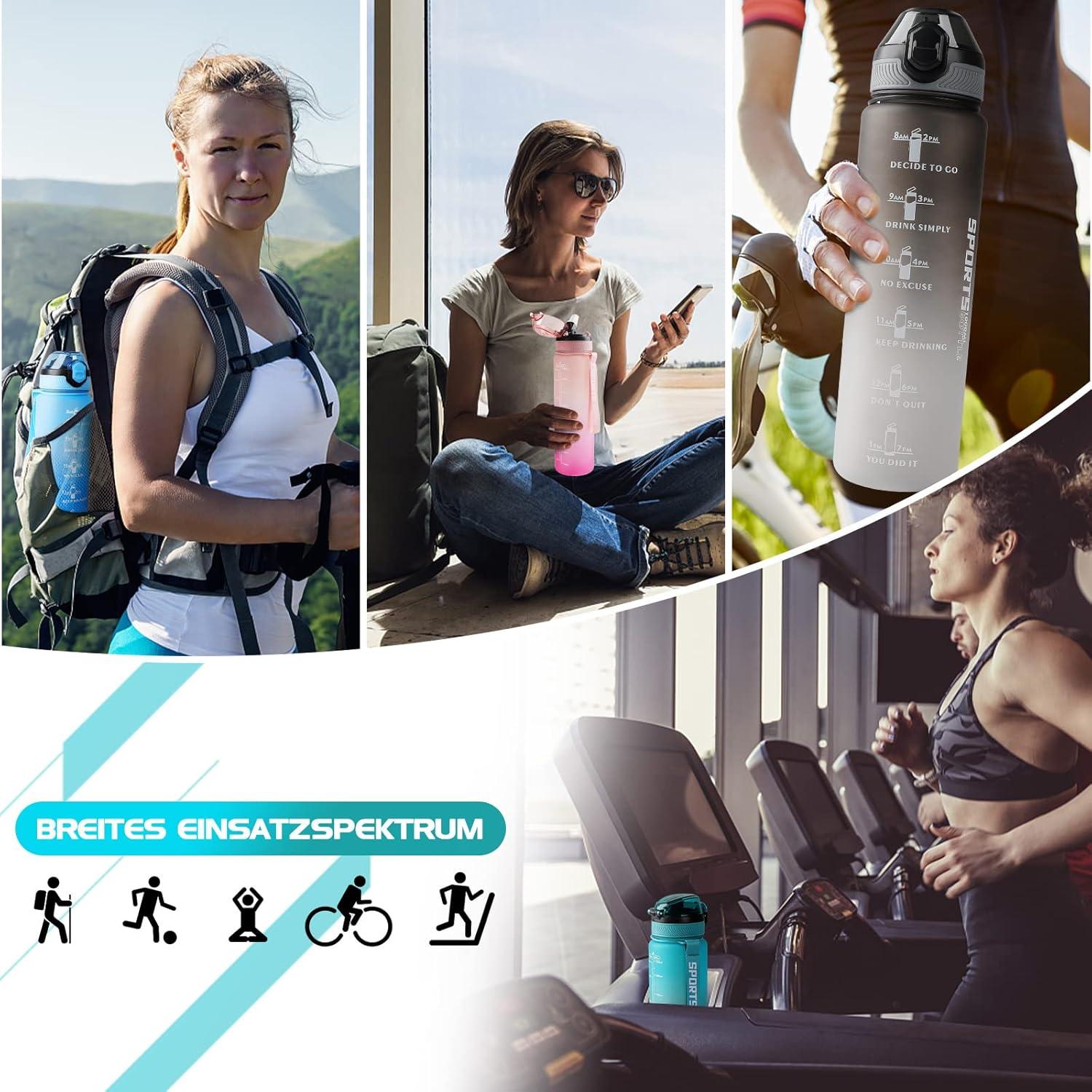 Sport Trinkflasche 1L BPA-frei mit Stroh Zeitmarkierungen Auslaufsicher