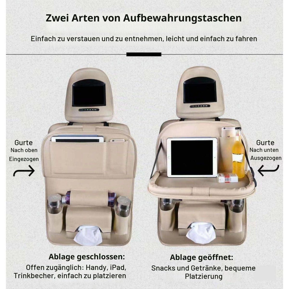 Auto Rücksitz Organizer mit Tisch & Tablet Halterung Beige