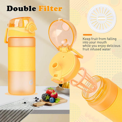 CodiCile Kinder Trinkflasche 500ml BPA frei Auslaufsicher mit Griff und Fruchteinsatz Gelb