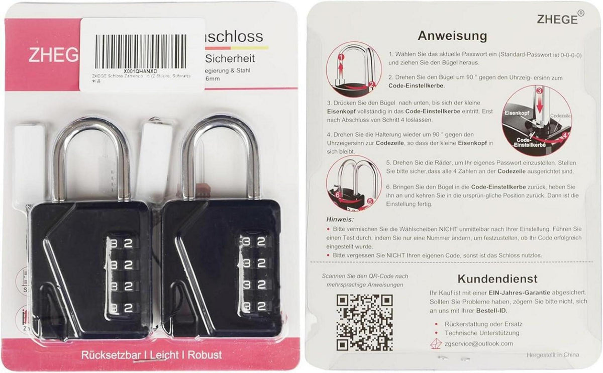 ZHEGE Vorhängeschloss Zahlencode 4 Stellig Schwarz 2 Stück