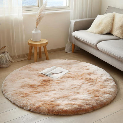 Runder Hochflor Teppich Wohnzimmer 160cm Khaki Weiß