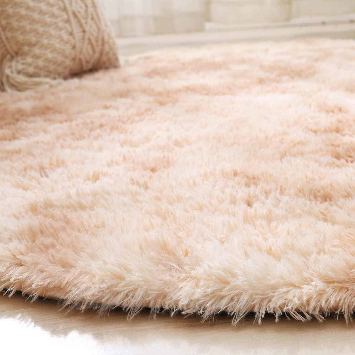 Runder Hochflor Teppich Wohnzimmer 160cm Khaki Weiß