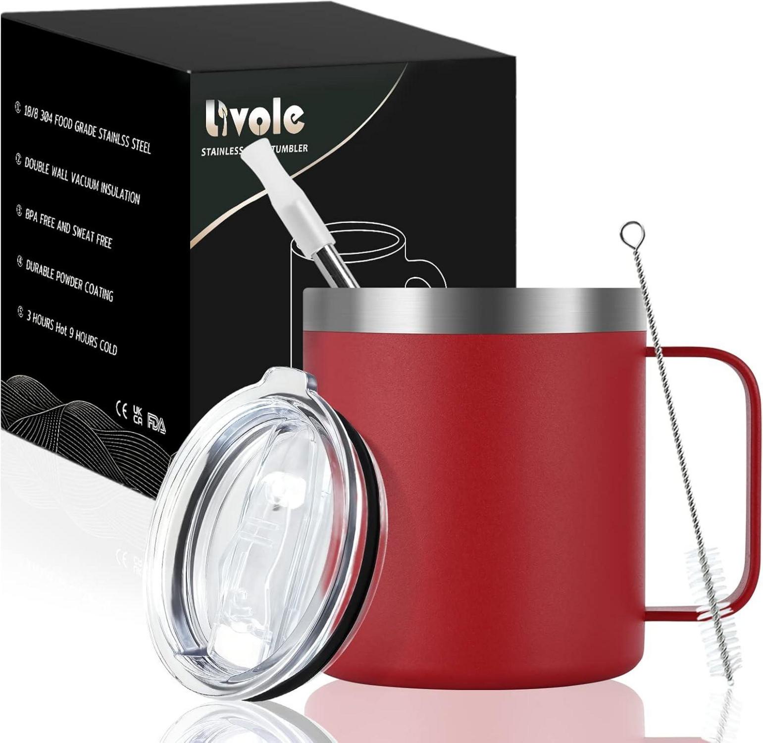 Livole Edelstahl Campingbecher 12oz mit Deckel und Strohhalm