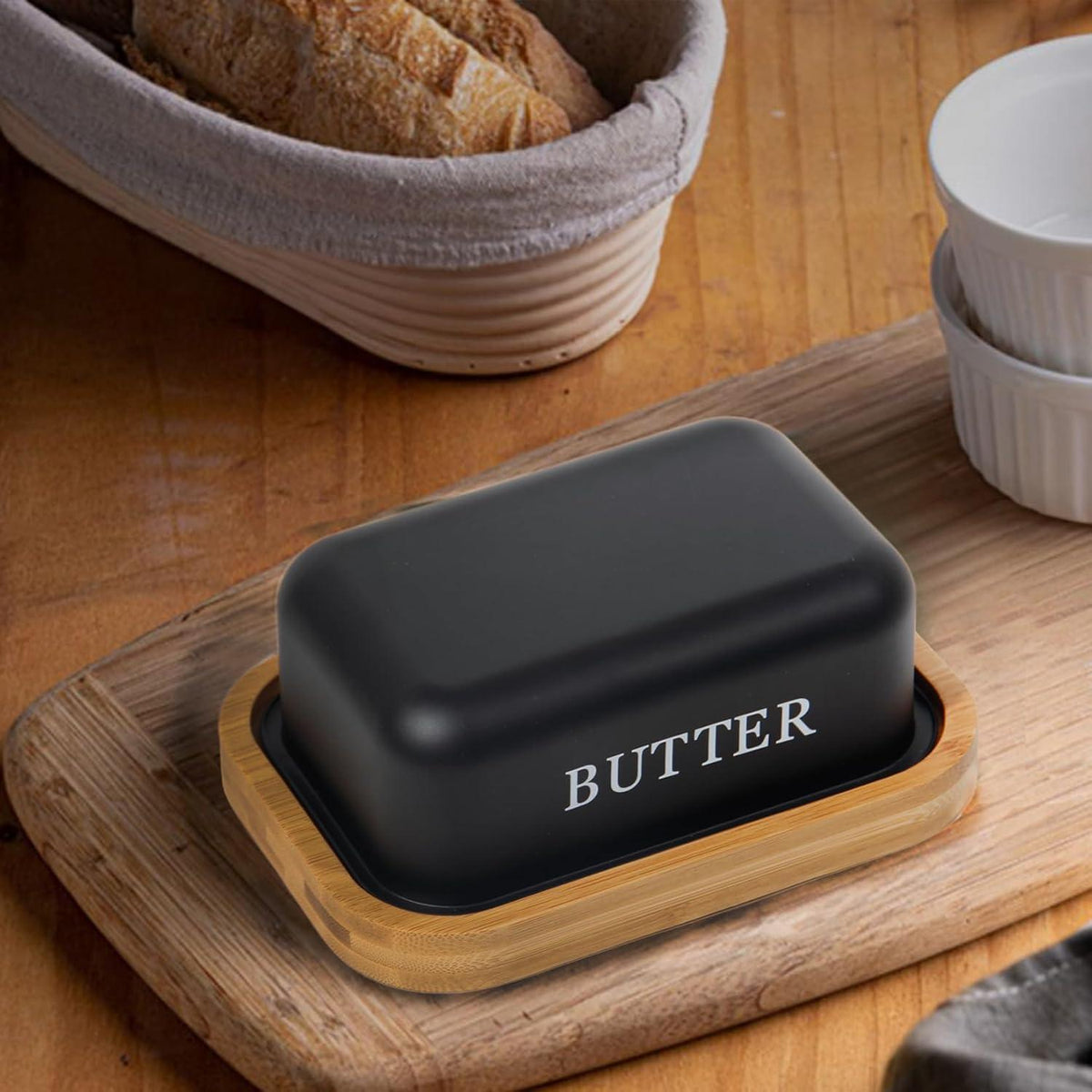 Butterdose Edelstahl mit Bambusdeckel für 250g Butter - Schwarz
