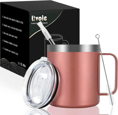 Edelstahl Camping Trinkbecher mit Deckel und Strohhalm 350ml
