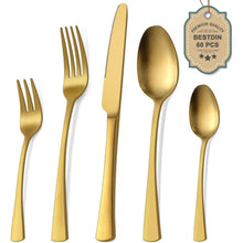 Edelstahl Besteckset Matt Gold für 12 Personen, 60-teilig, Spülmaschinenfest
