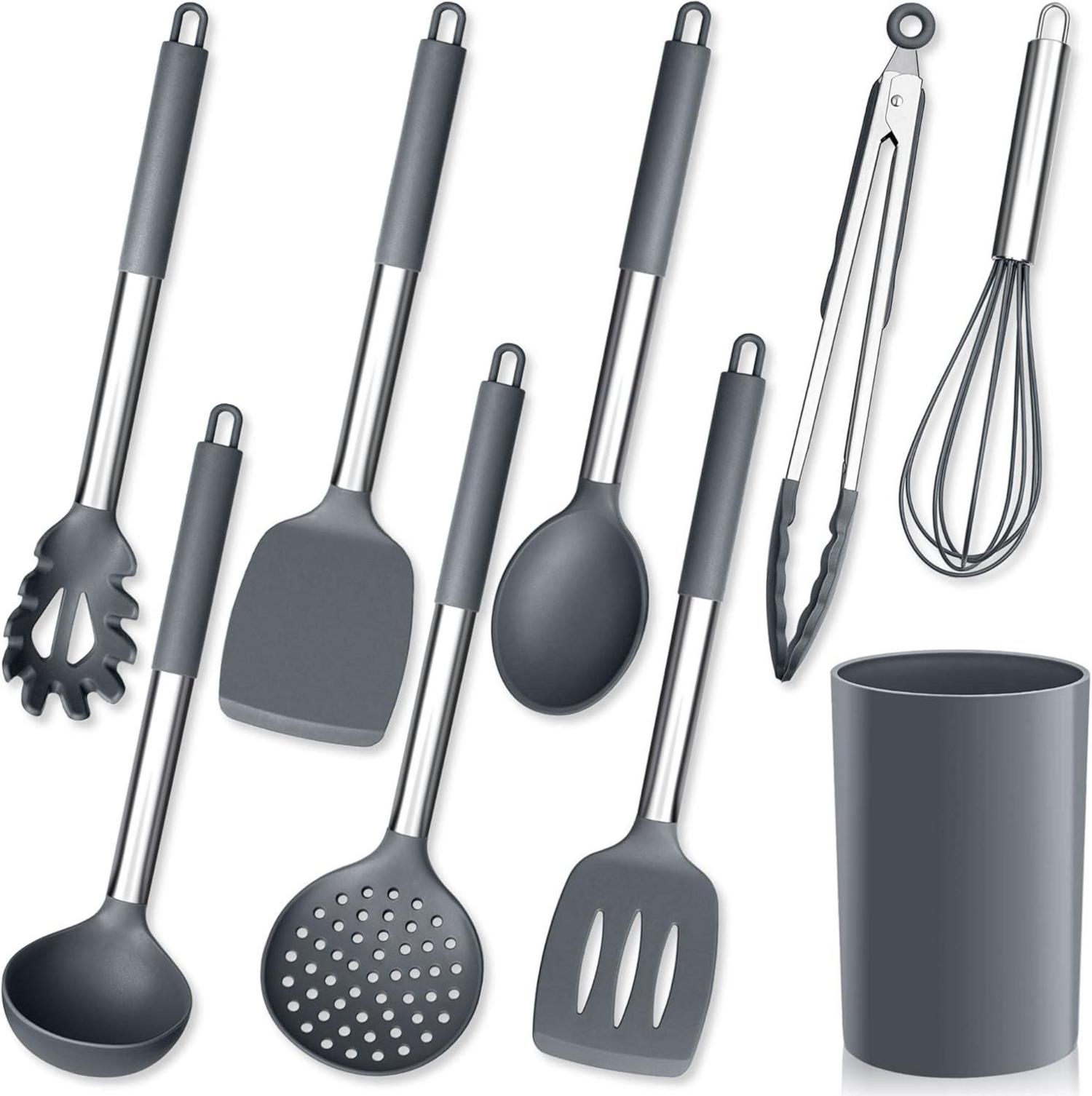 Silikon Küchenhelfer Set 9-teilig mit Halter Grau - Hitzebeständig