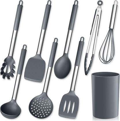 Silikon Küchenhelfer Set 9-teilig mit Halter Grau - Hitzebeständig