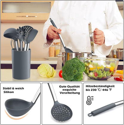 Silikon Küchenhelfer Set 9-teilig mit Halter Grau - Hitzebeständig