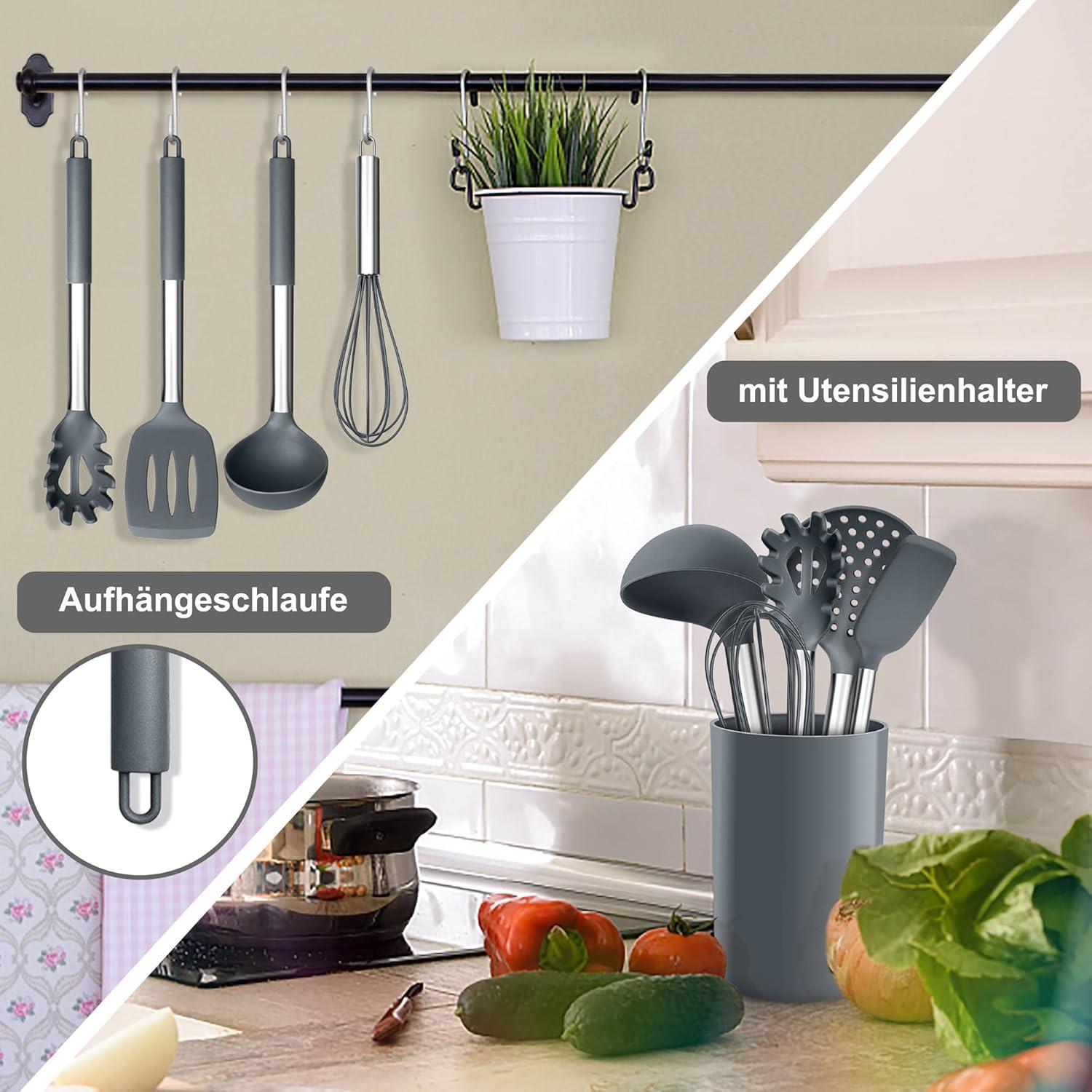 Silikon Küchenhelfer Set 9-teilig mit Utensilienhalter Grau Antihaft Hitzebeständig