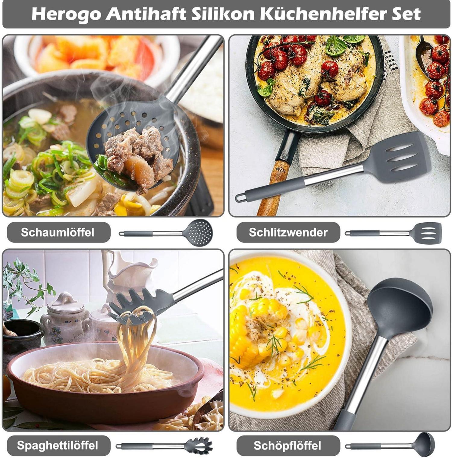 Küchenutensilien Set 9tlg. Silikon Kochbesteck Edelstahlgriff Hitzebeständig