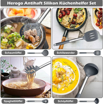 Küchenutensilien Set 9tlg. Silikon Kochbesteck Edelstahlgriff Hitzebeständig