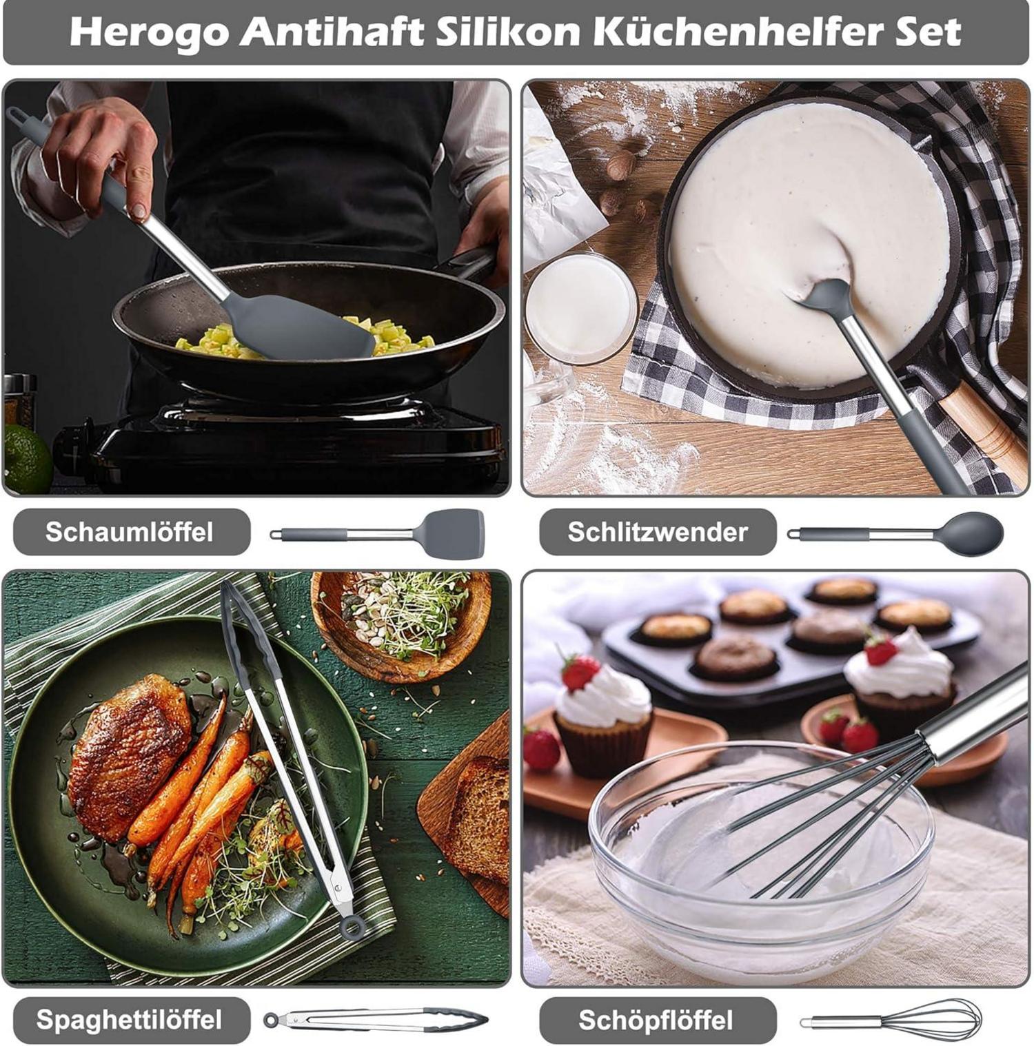 Küchenhelfer Set 9-teilig Silikon Kochutensilien Utensilienhalter Grau