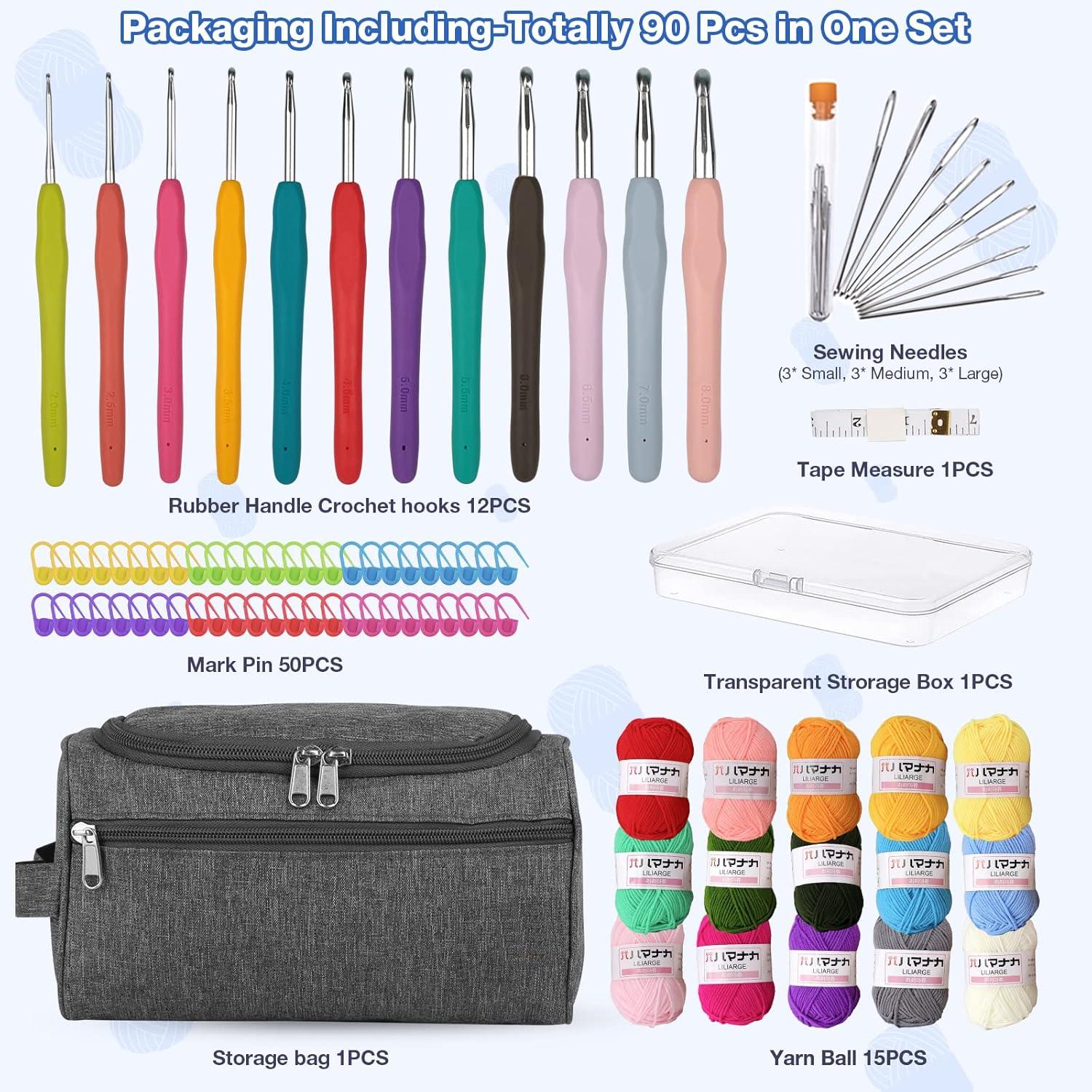 YINVA Häkelnadel Set 90 Stück 15 Farben Häkelgarn inkl. Tasche