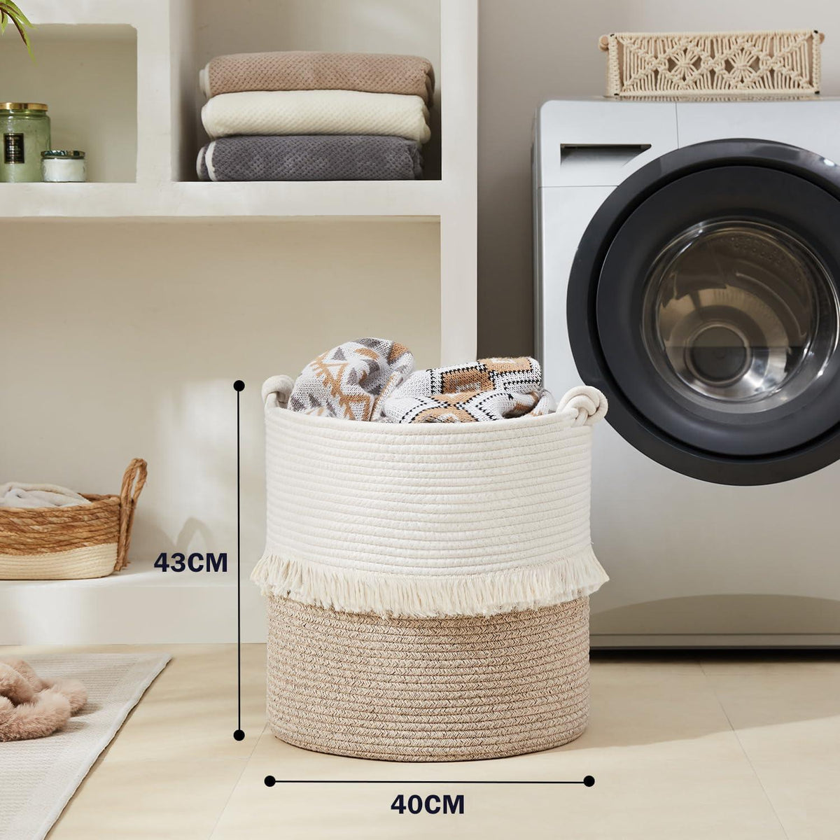 Großer Boho Deko Wäschekorb 100% Baumwolle 40x43cm mit Griffen Braun