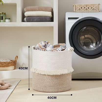 Großer Boho Deko Wäschekorb 100% Baumwolle 40x43cm mit Griffen Braun
