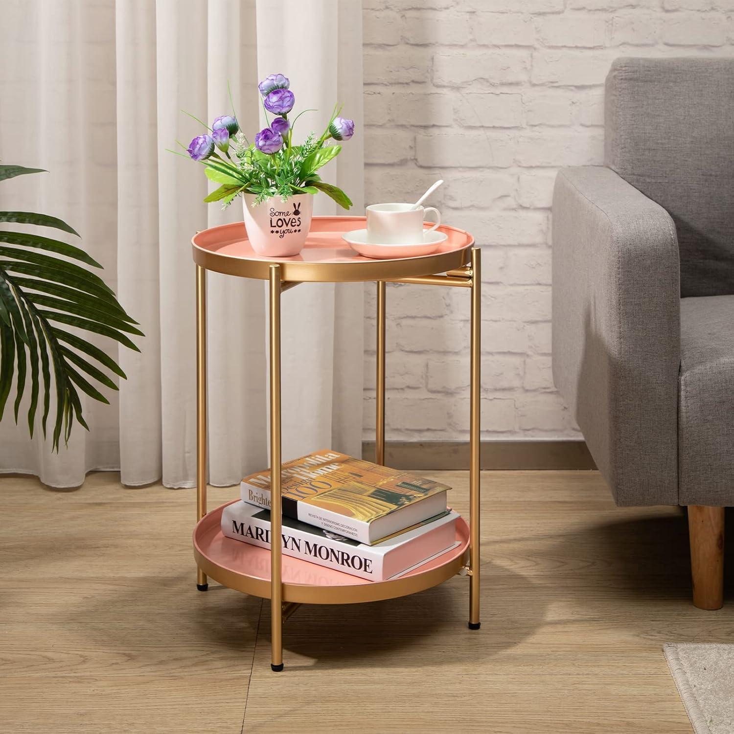 Beistelltisch Rund Gold Metall 2 Ebenen Couchtisch