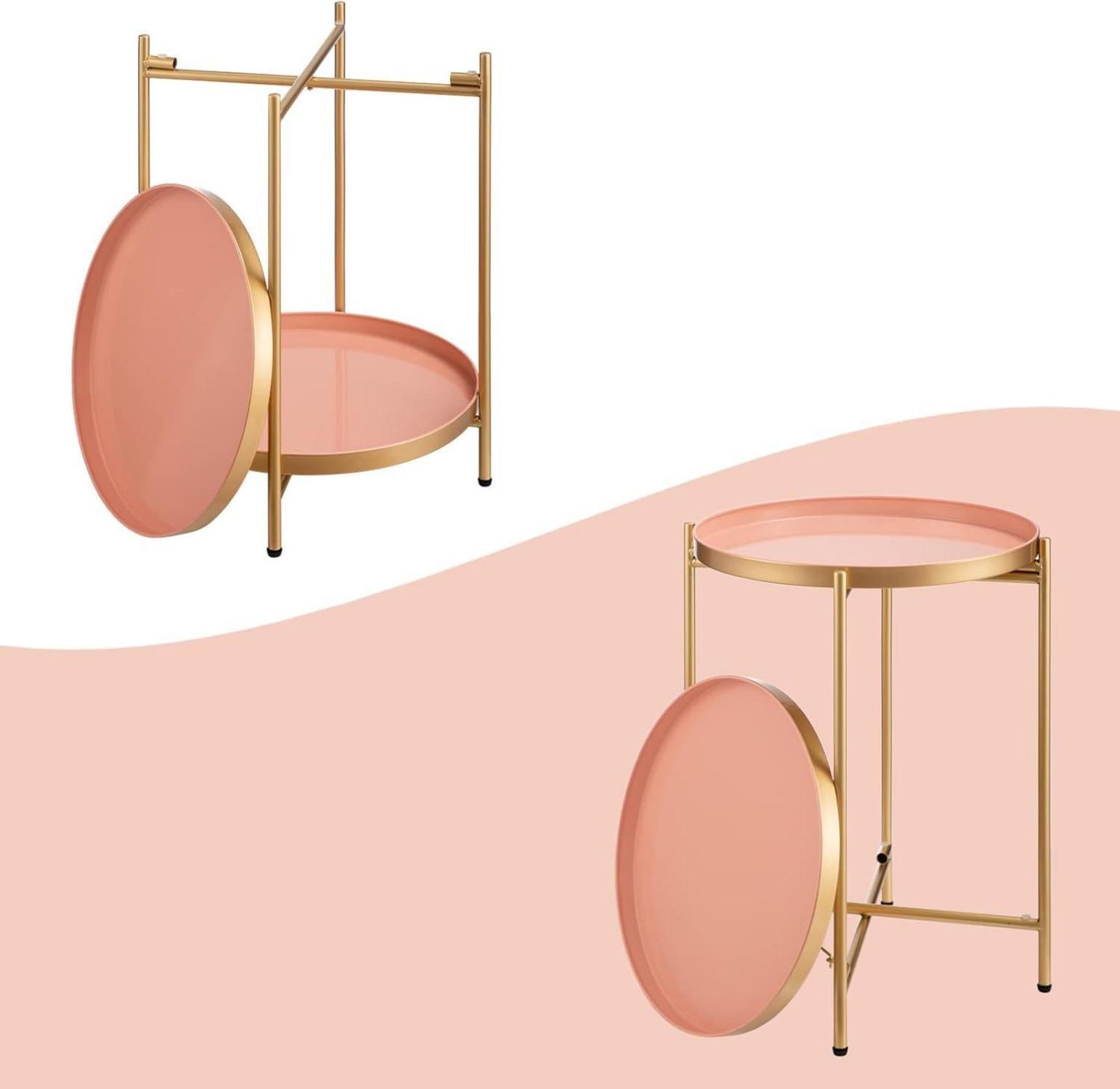 HollyHOME Runder Beistelltisch Gold Metall 2 Ebenen Wohnzimmer Schlafzimmer