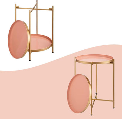 HollyHOME Runder Beistelltisch Gold Metall 2 Ebenen Wohnzimmer Schlafzimmer