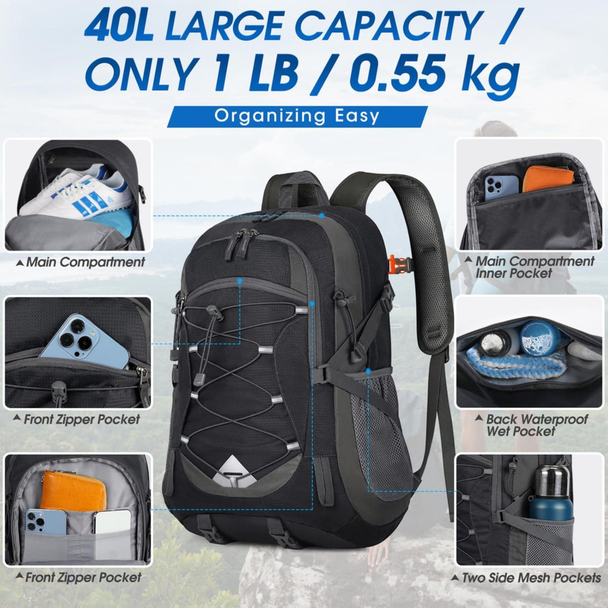 Wanderrucksack 40L Damen Herren Wasserdicht Leicht Faltbar