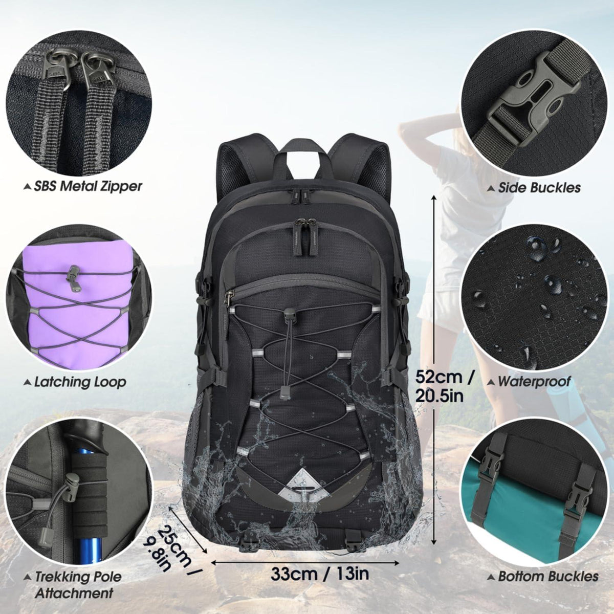 Wanderrucksack 40L Wasserdichter Rucksack Leicht Faltbar Trekking Sport Schwarz