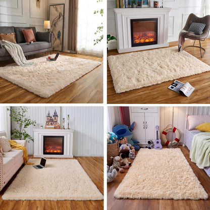 Beiger Hochflor Teppich 160x230 cm, Flauschiger Langflor