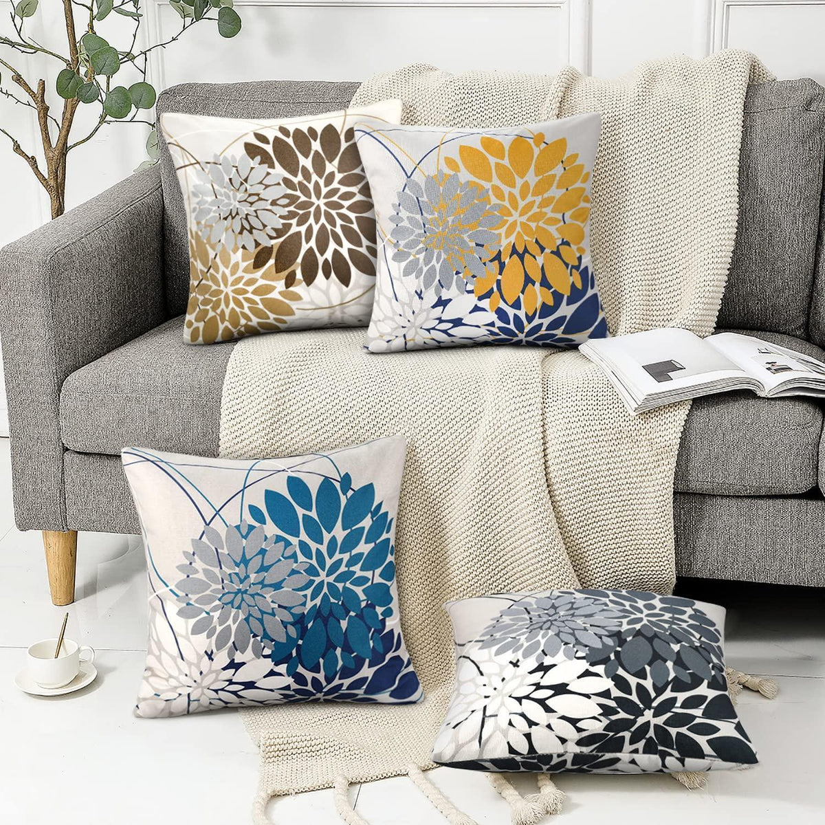 Blaugrün Kissenbezug 50x50 - Geometrisch Blumen Dekor 2er Pack