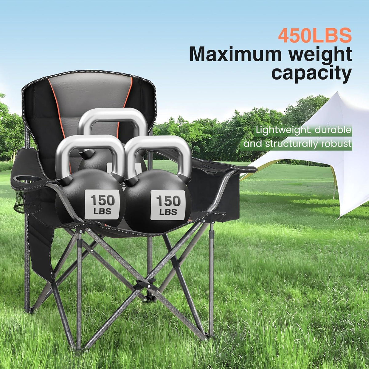 XXL Campingstuhl Klappbar 200kg Gepolstert mit Getränkehalter Outdoor Schwarz
