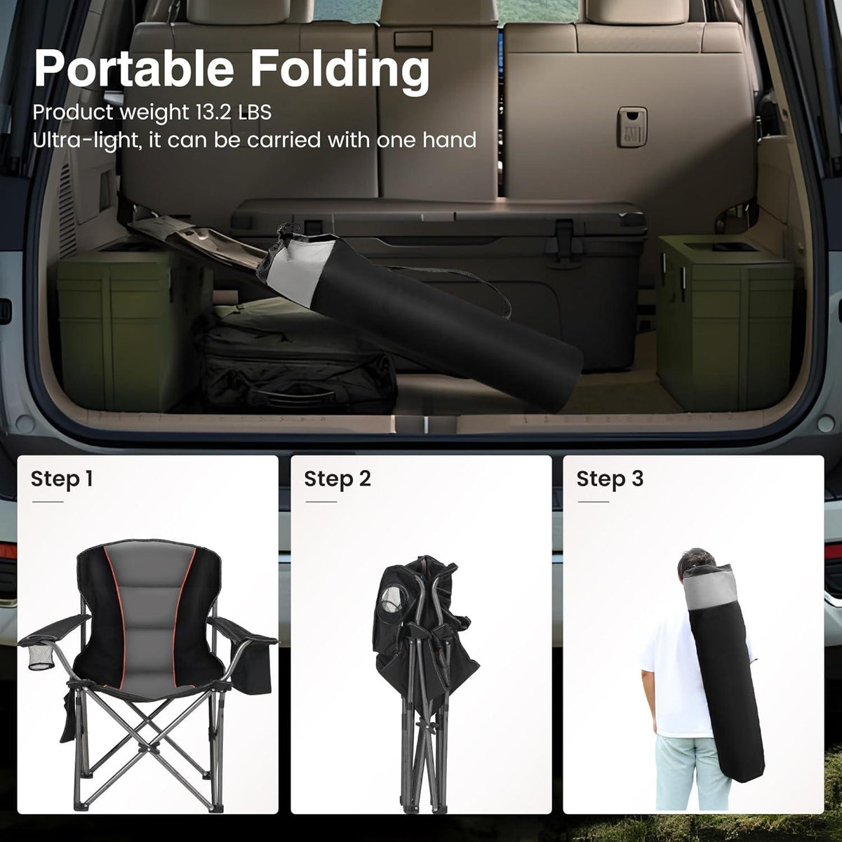 XXL Campingstuhl Klappbar 200kg Gepolstert mit Getränkehalter Outdoor Schwarz