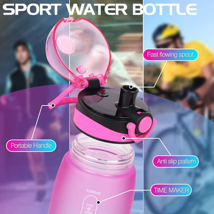 Wasserflasche 1L Tritan BPA frei Sport Trinkflasche Zeitfilter Lila Blau
