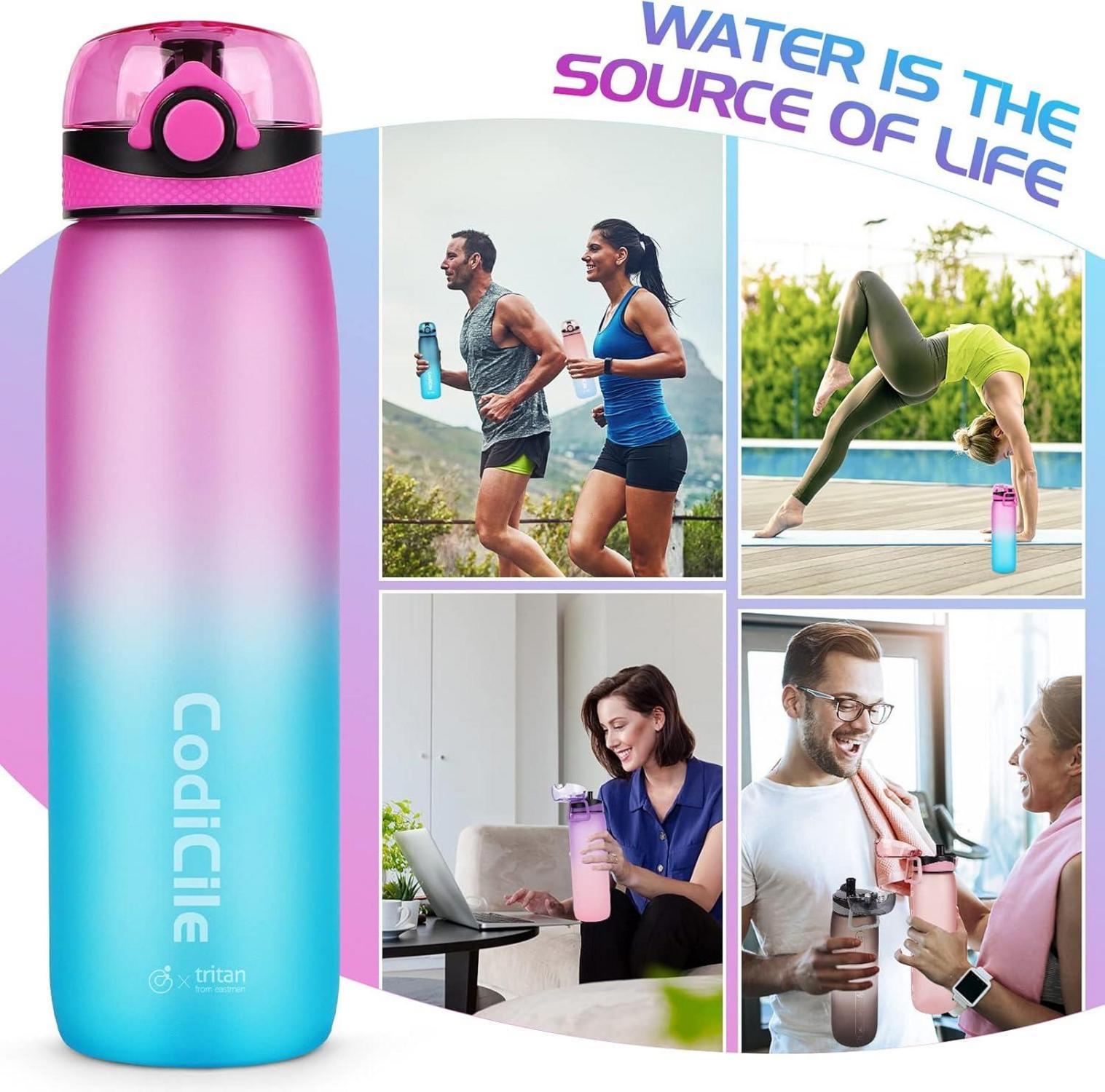 Wasserflasche 1L Tritan BPA frei Sport Trinkflasche Zeitfilter Lila Blau