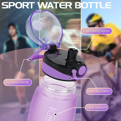 Sport Trinkflasche 1L BPA-frei mit Filter und Zeitmarkierung, Lila/Rosa