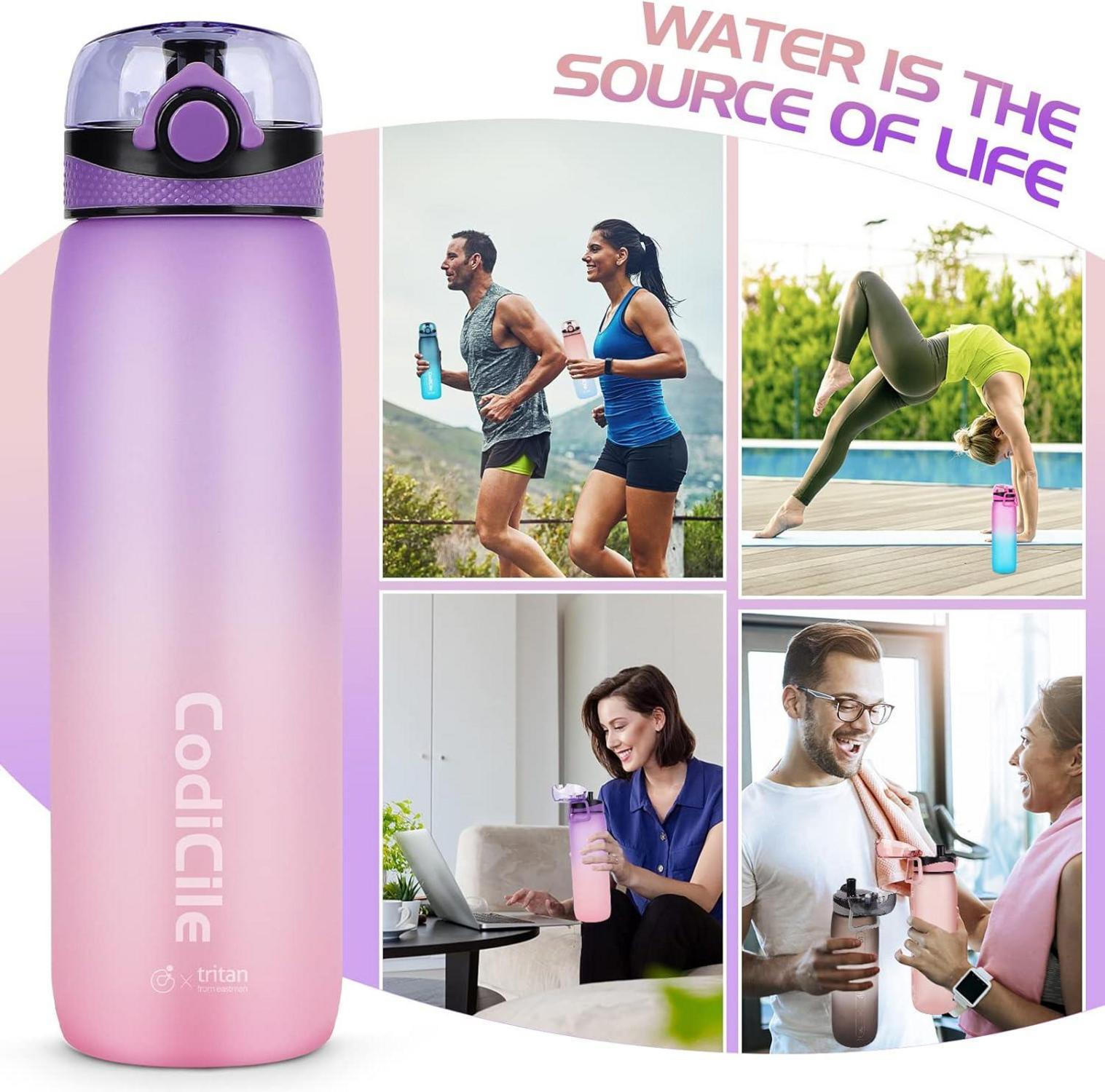 Sport Trinkflasche 1L BPA-frei mit Filter und Zeitmarkierung, Lila/Rosa