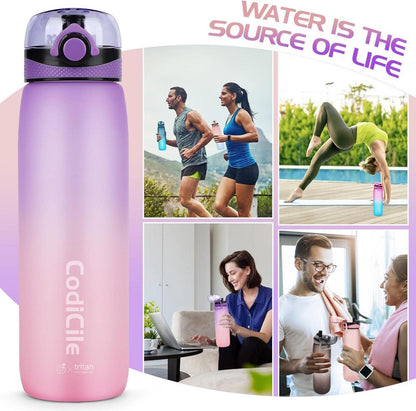 Sport Trinkflasche 1L BPA-frei mit Filter und Zeitmarkierung, Lila/Rosa