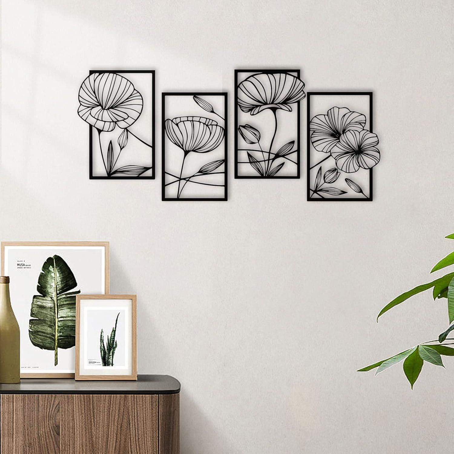 Lotusblume Metall Wanddekoration Schwarz 4 Stück, Ästhetische Blumen Kunst