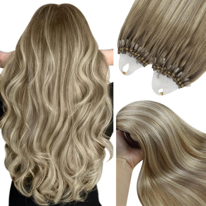 Echthaar Micro Ring Extensions Ombre Hellbraun-Platinblond 35cm
