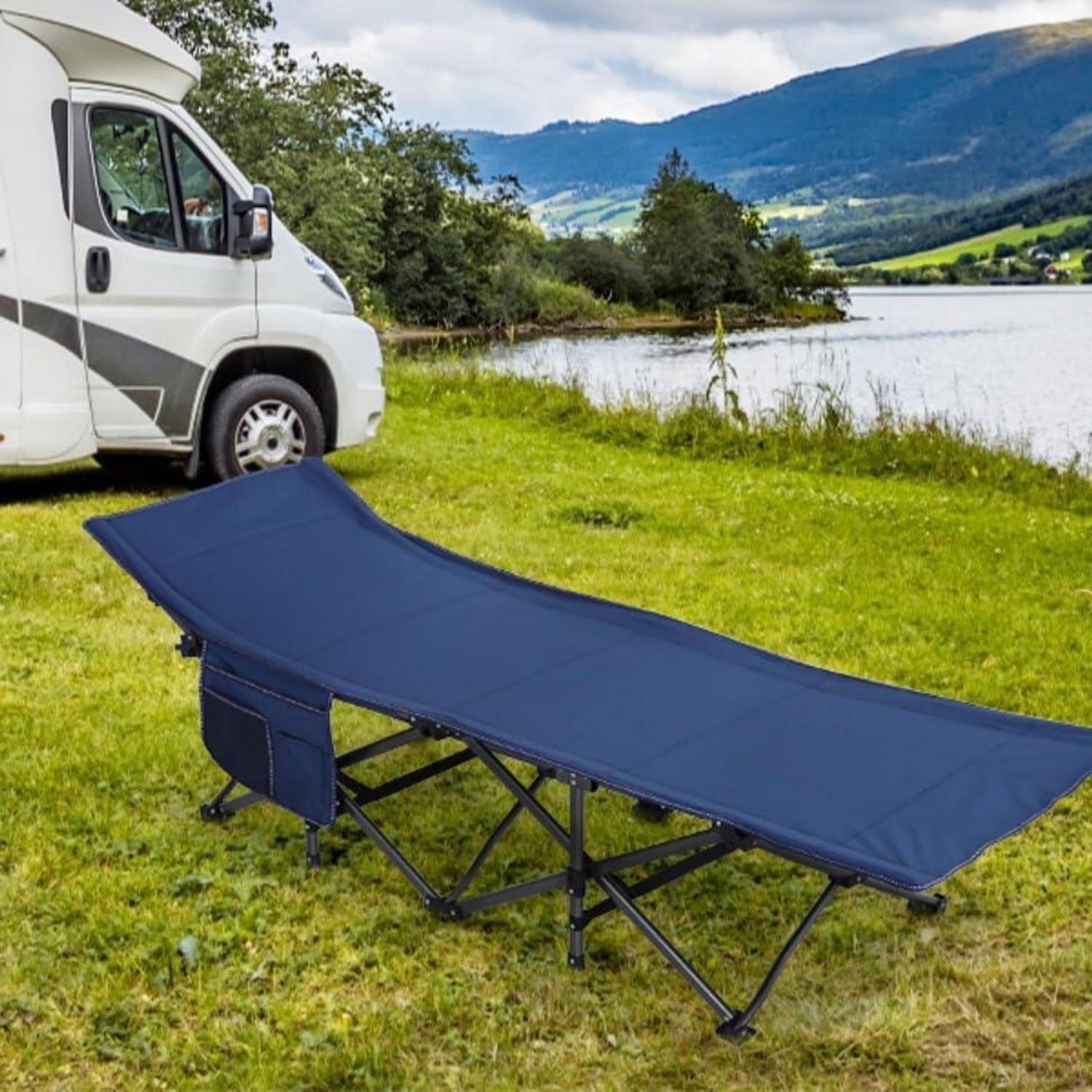 Klappbares Campingbett XL mit Seitentasche - Blau