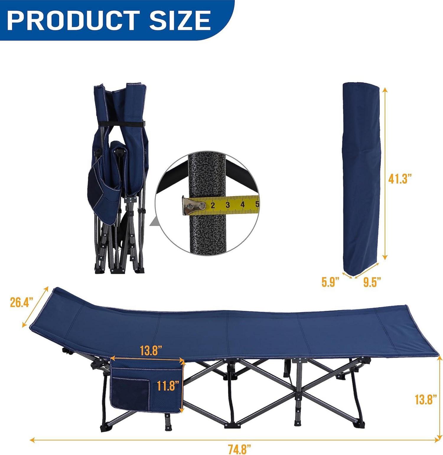 Klappbares XL Feldbett Campingliege mit Seitentasche, Blau