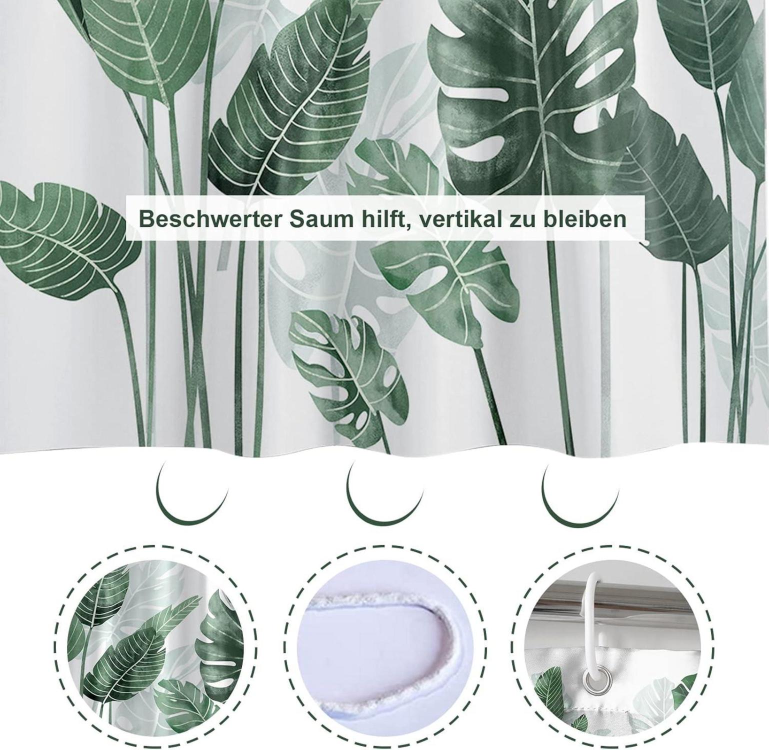 Duschvorhang 240x200 Grün Blätter Wasserabweisend Polyester inkl. 12 Ringe