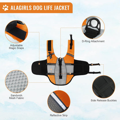 ALAGIRLS Hund Rettungsweste Weste, Schwimmweste mit Reflektierenden Streifen - L Orange