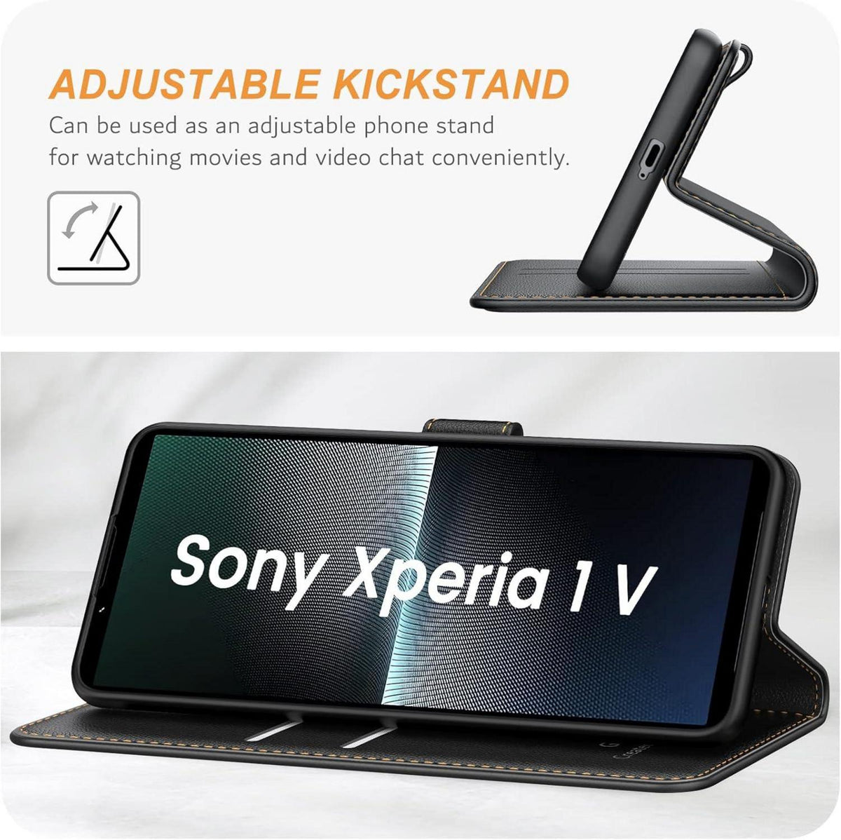 Sony Xperia 1 V Handyhülle Leder Klapphülle Schwarz mit Kartenschlitzen