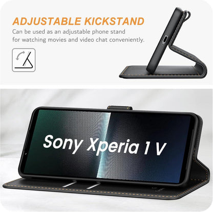 Sony Xperia 1 V Handyhülle Leder Klapphülle Schwarz mit Kartenschlitzen