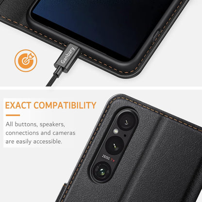 Handyhülle für Sony Xperia 1 V Leder Schwarz mit Kartenschlitzen