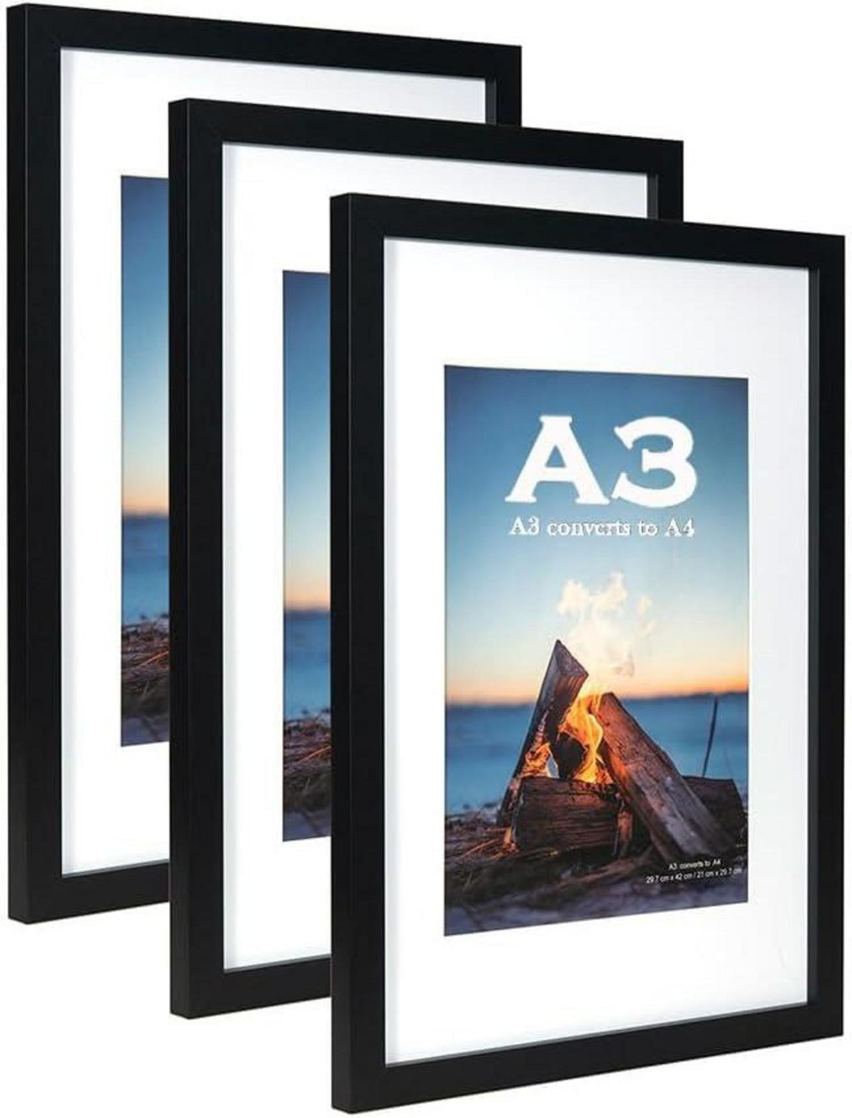 Bilderrahmen Holz A3 Passepartout A4 Wandmontage Schwarz 3er Pack