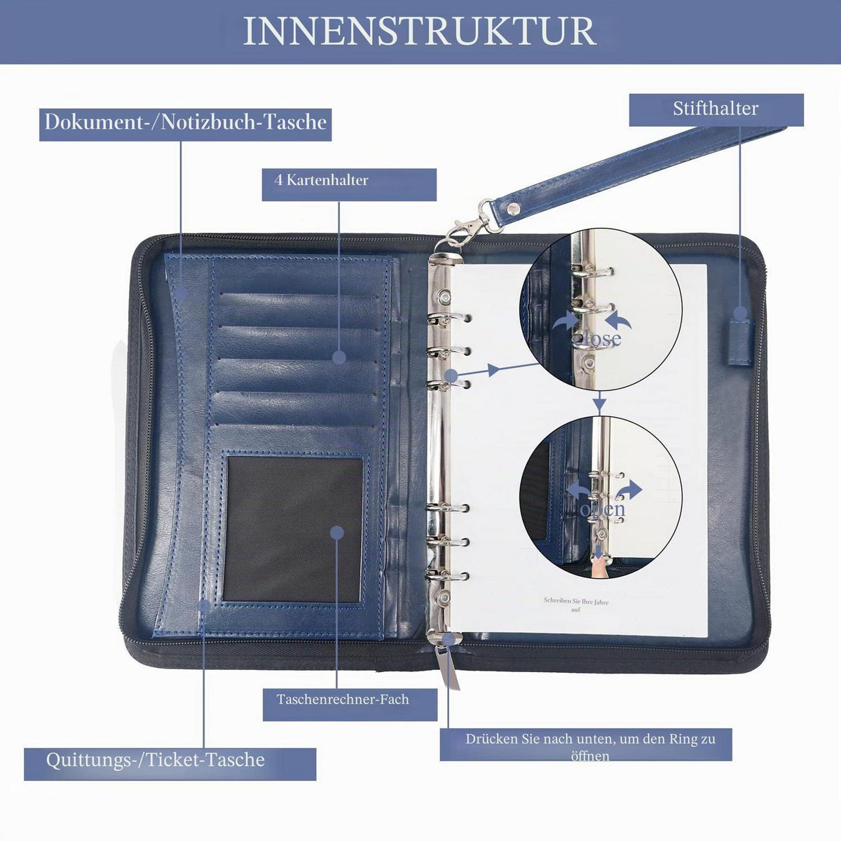 Klemmbrettmappe A5 mit Reißverschluss – Blau Organizer in Lederoptik