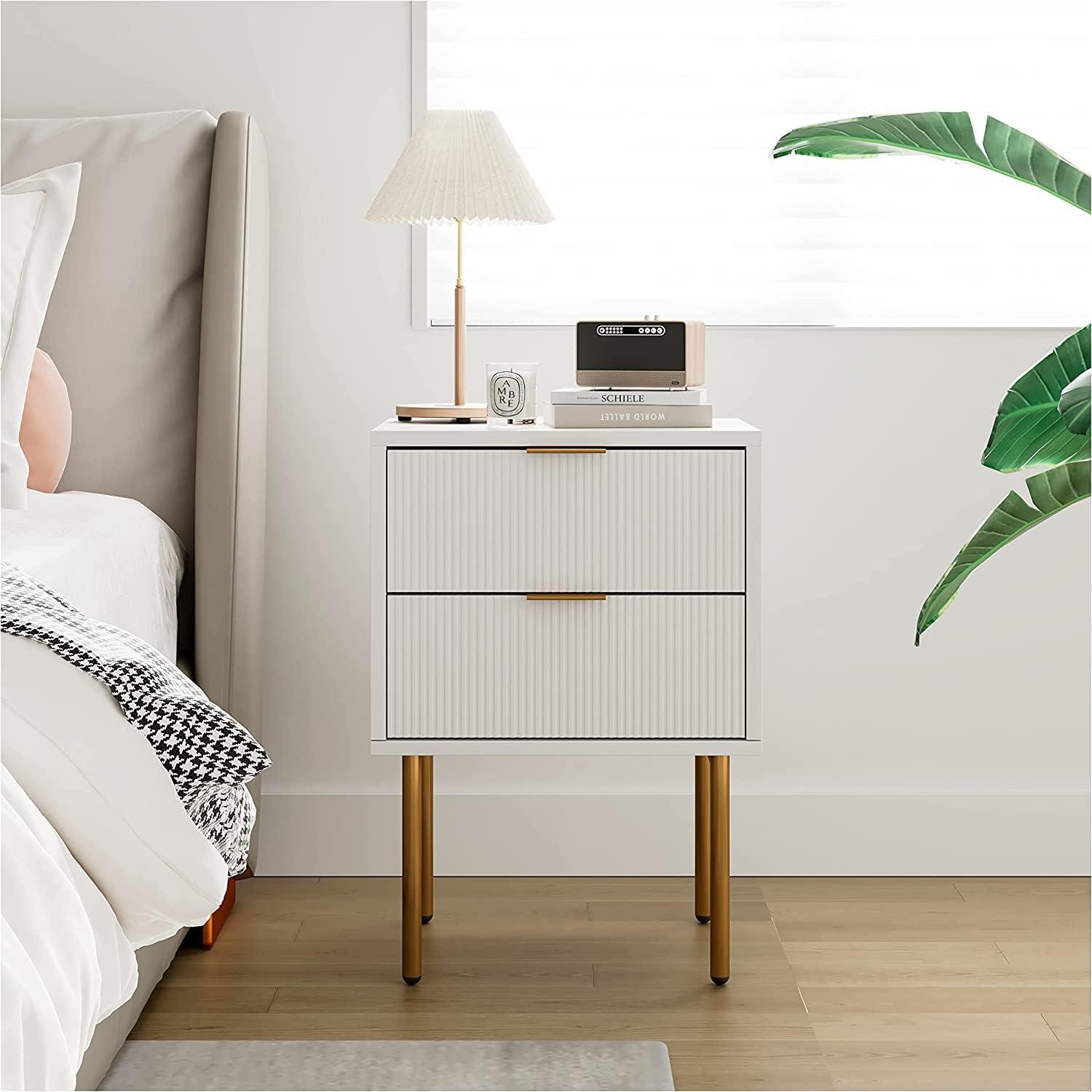 Nachttisch mit 2 Schubladen Weiß Gold Modern Boho