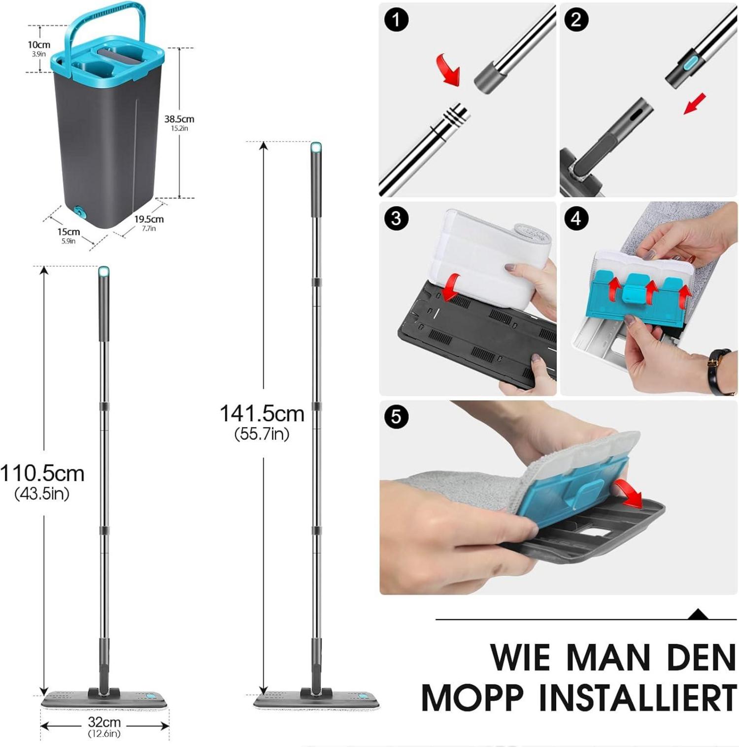 Bodenwischer Set mit Eimer und 6 Wischpads für verschiedene
