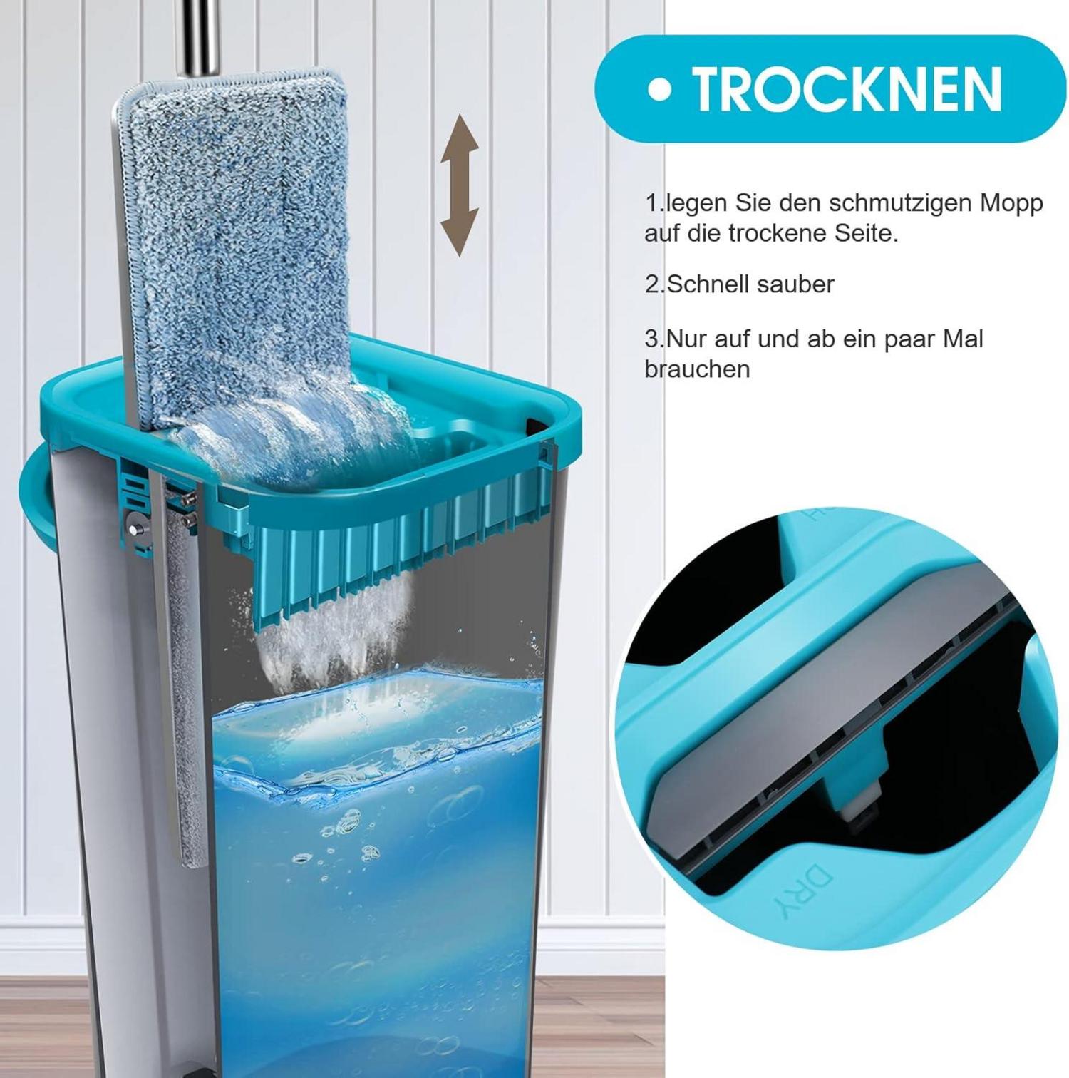 Mikrofaser Bodenwischer Set mit Eimer und 6 Wischpads, Grau Blau