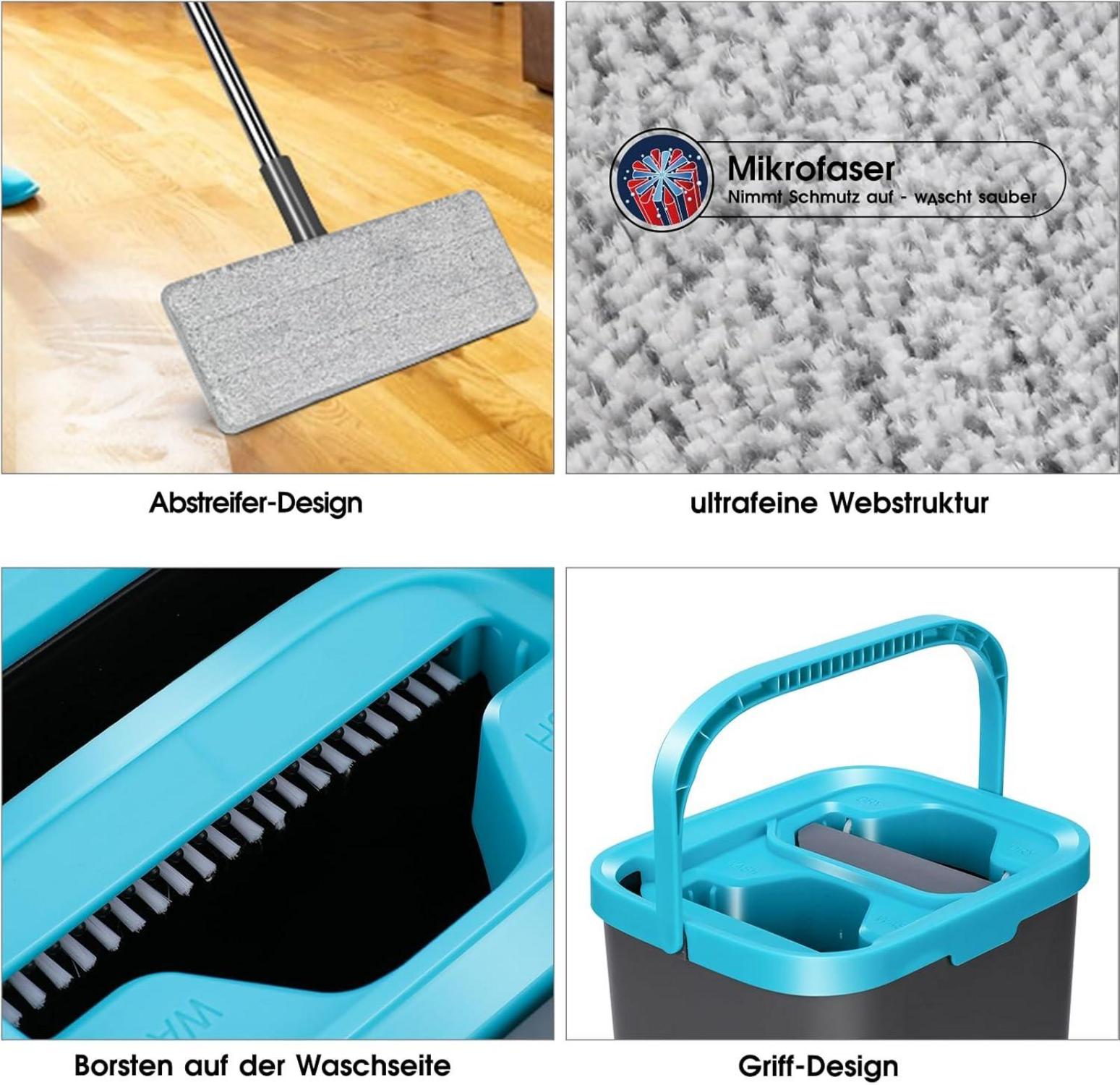 Bodenwischer Set mit Eimer und 6 Wischpads, Mikrofaser Flachmopp, 2 in 1